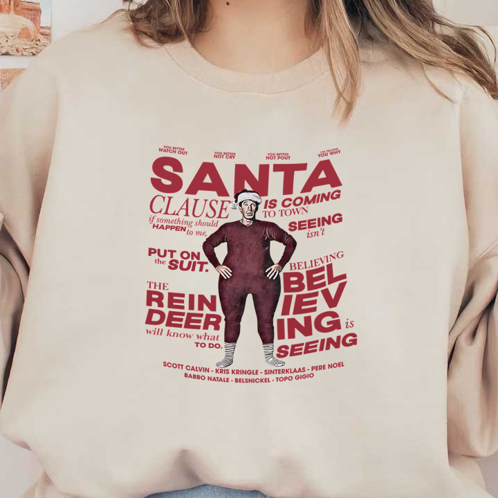 A whimsical design featuring a character in a red outfit with playful text about Santa Claus and holiday spirit.DTF Transfers heat press transfers heat press transfers heat press transfers