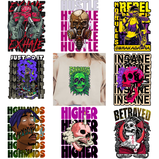 A t-shirt featuring a vibrant graphic design with the word "CANNABIS".DTF Transfers