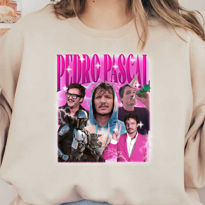 A vibrant collage featuring Pedro Pascal in various styles, showcasing his playful personality alongside iconic characters from his roles.DTF Transfersdtf regular iron