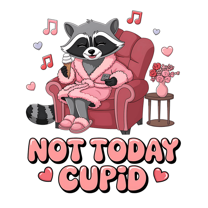 This playful illustration features a cozy raccoon in a pink robe and slippers, enjoying ice cream while seated in an armchair, with a whimsical "Not Today Cupid" slogan.DTF Transfers