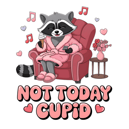 This playful illustration features a cozy raccoon in a pink robe and slippers, enjoying ice cream while seated in an armchair, with a whimsical "Not Today Cupid" slogan.DTF Transfers