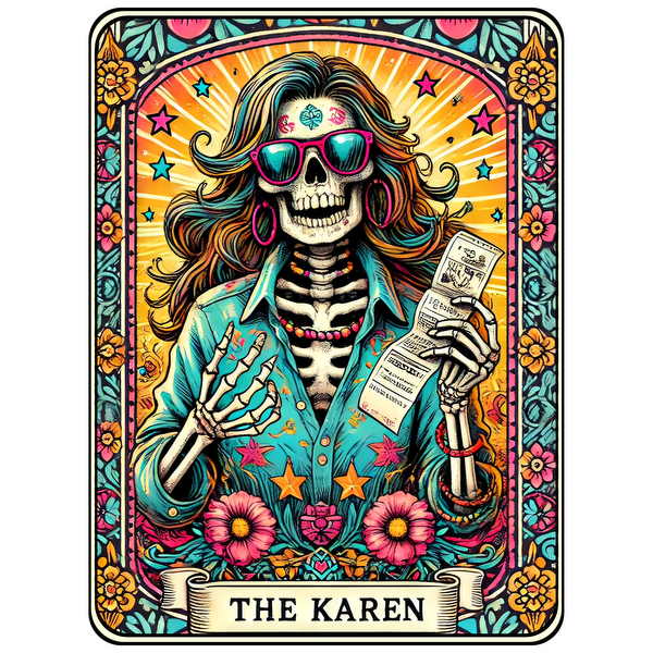 Una ilustración vibrante y humorística de un esqueleto con gafas de sol y una camisa azul, sosteniendo un recibo, titulada "La Karen".