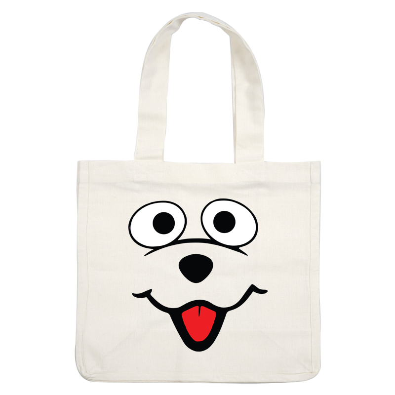 A playful cartoon dog's face with large eyes, a happy expression, and a bright red tongue.DTF Transfers dtf prints