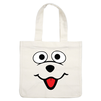 A playful cartoon dog's face with large eyes, a happy expression, and a bright red tongue.DTF Transfers dtf prints