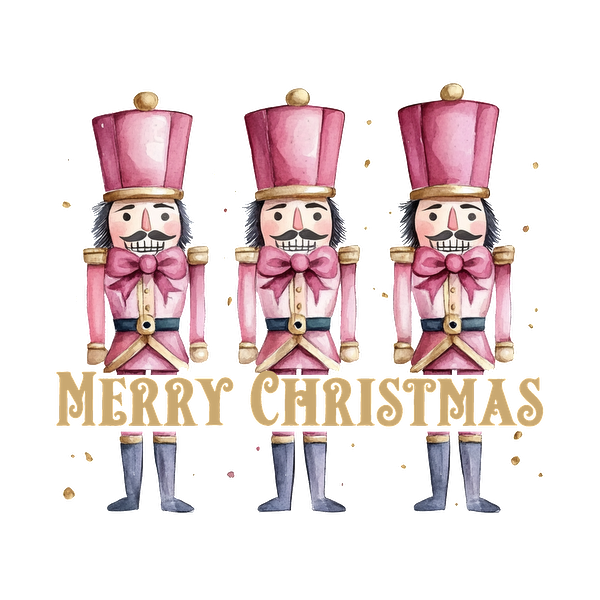 Festive illustration featuring three cheerful pink nutcracker soldiers with a "Merry Christmas" greeting below them. dtf transfers