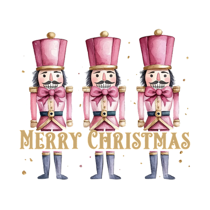 Festive illustration featuring three cheerful pink nutcracker soldiers with a "Merry Christmas" greeting below them. dtf transfers