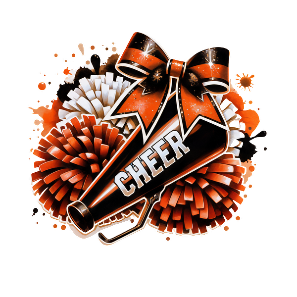 Un gráfico vibrante de porristas que presenta un megáfono negro con la palabra "CHEER", rodeado de pompones coloridos y un lazo festivo. Transferencias DTF
