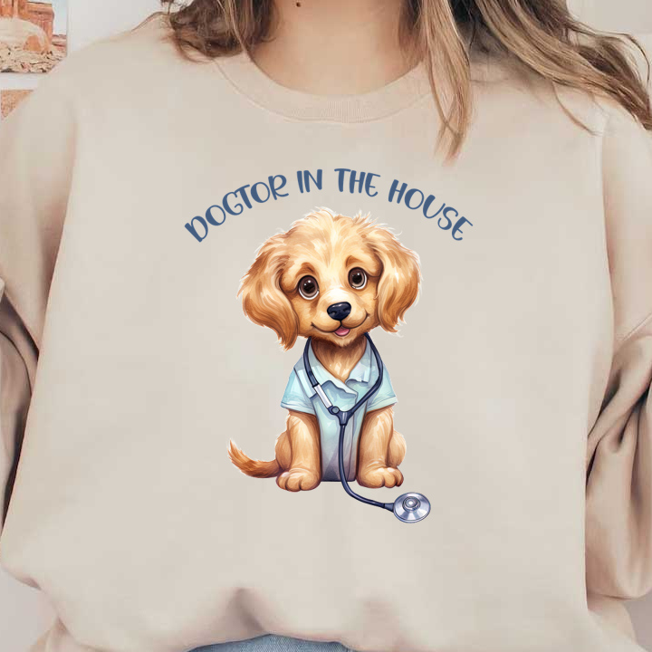 Adorable cachorro de dibujos animados vestido con una camisa de médico, completo con un estetoscopio y la frase "Doctor en la casa".