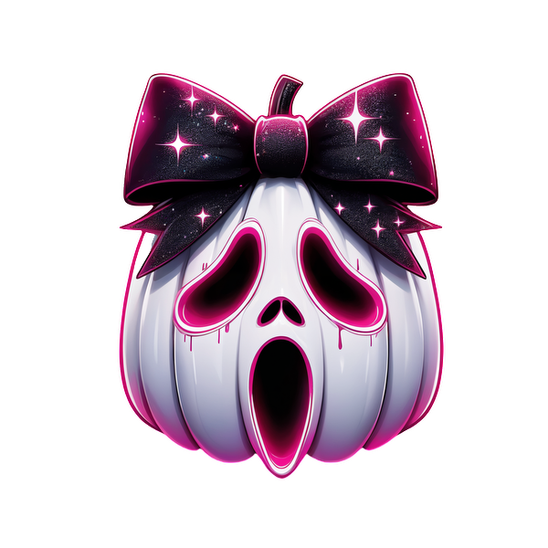 A spooky yet stylish pumpkin featuring a ghostly face and adorned with a shimmering black bow, perfect for Halloween! dtf prints