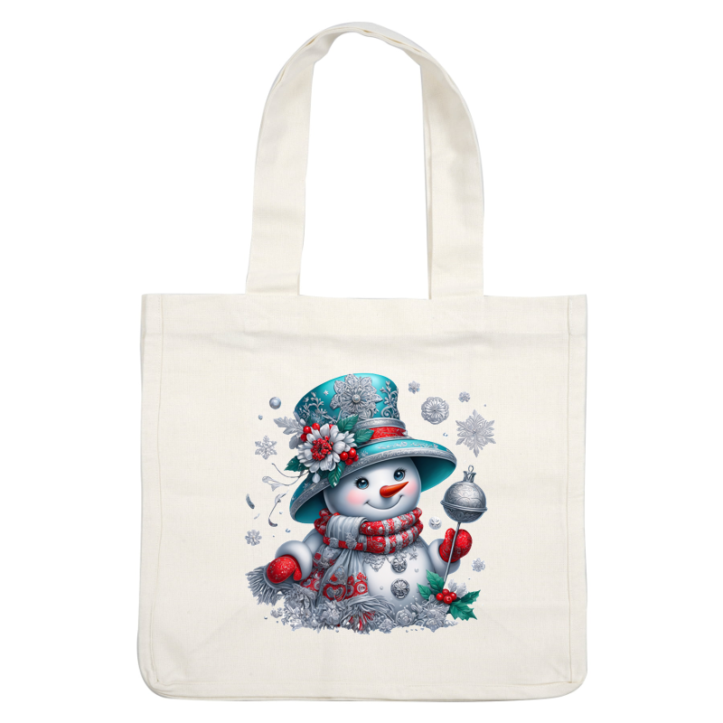 A cheerful snowman dressed in a decorated blue hat and a cozy red scarf, holding a silver bell amidst snowflakes.DTF Transfers heat press transfers