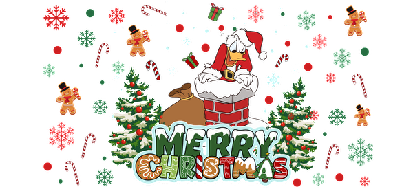 Celebrate the holiday season with this vibrant, festive illustration featuring a fun character in a Santa hat and Christmas decorations!UV Transfers heat press transfers