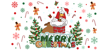 Celebrate the holiday season with this vibrant, festive illustration featuring a fun character in a Santa hat and Christmas decorations!UV Transfers heat press transfers