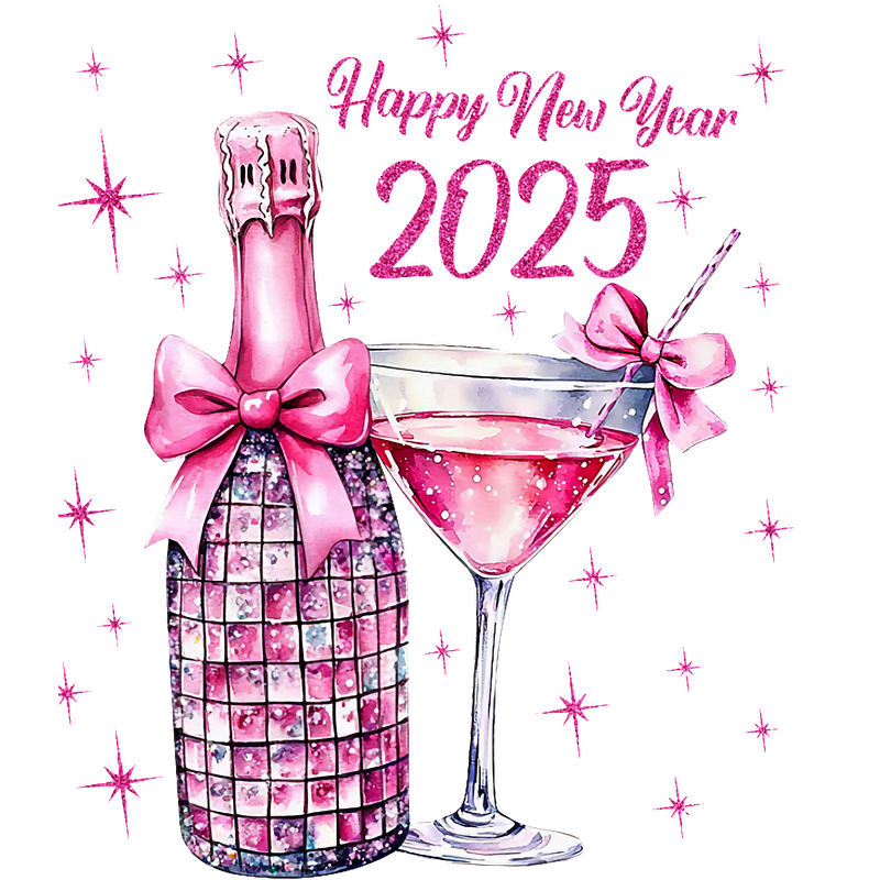 Celebrate the New Year 2025 with this festive illustration featuring a sparkling pink champagne bottle and a stylish cocktail.DTF Transfersdtf regular irondtf regular iron