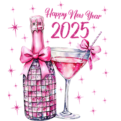 Celebrate the New Year 2025 with this festive illustration featuring a sparkling pink champagne bottle and a stylish cocktail.DTF Transfersdtf regular irondtf regular iron