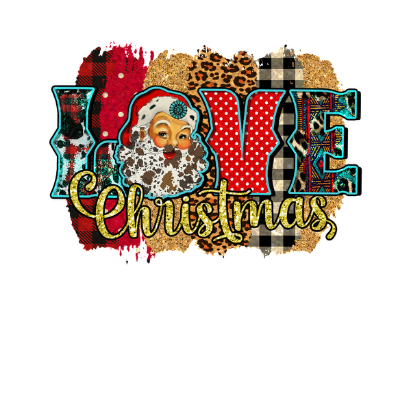 Diseño festivo que presenta "LOVE Christmas" con un alegre Papá Noel, incorporando patrones y texturas vibrantes para un ambiente festivo alegre.