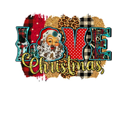 Diseño festivo que presenta "LOVE Christmas" con un alegre Papá Noel, incorporando patrones y texturas vibrantes para un ambiente festivo alegre.