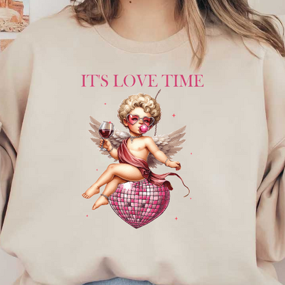 A charming cherub holding a glass of wine, resting on a sparkling pink disco heart, with the caption "IT'S LOVE TIME."DTF Transfers