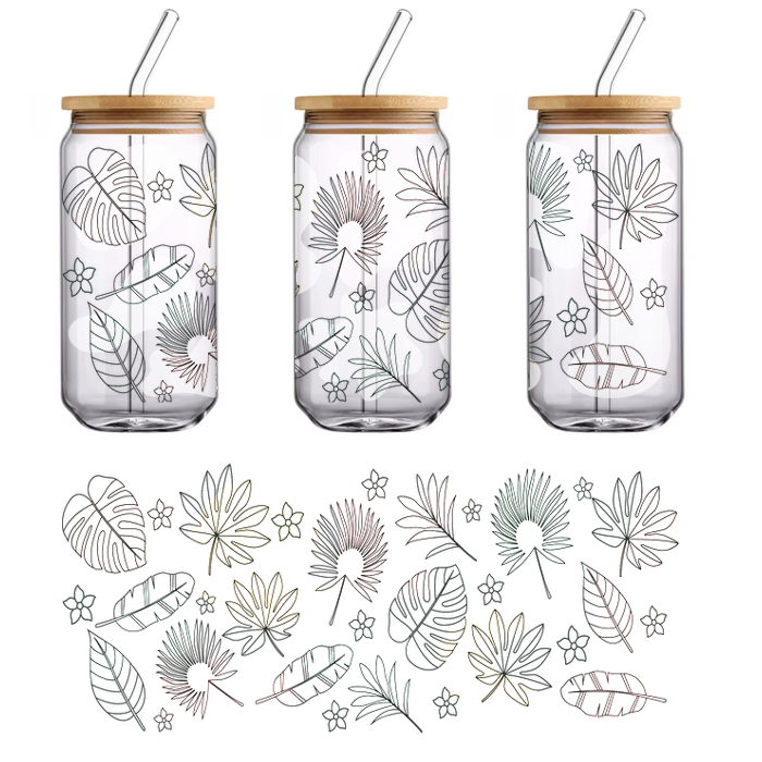 A playful collection of abstract shapes featuring delicate floral and leaf line drawings in earthy tones.UV Transfers heat press transfers