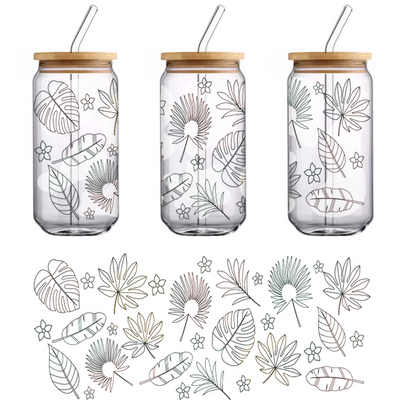 A playful collection of abstract shapes featuring delicate floral and leaf line drawings in earthy tones.UV Transfers heat press transfers