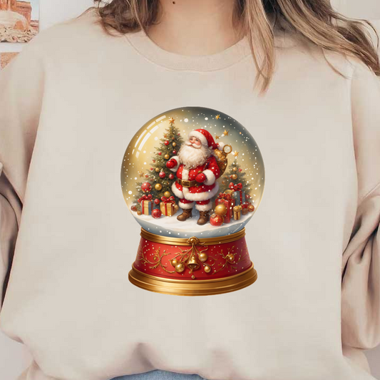 A festive snow globe featuring Santa Claus surrounded by Christmas trees and colorful presents, set against a snowy scene. dtf transfers