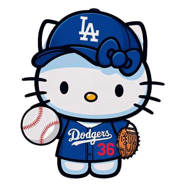 Hello Kitty is dressed in a blue Los Angeles Dodgers uniform, holding a baseball and glove, ready for a fun game!DTF Transfers dtf prints