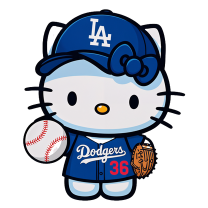 Hello Kitty is dressed in a blue Los Angeles Dodgers uniform, holding a baseball and glove, ready for a fun game!DTF Transfers dtf prints