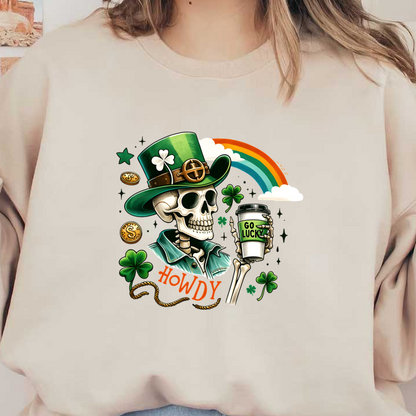 Una calavera caprichosa con un sombrero de duende verde y sosteniendo una taza de café, rodeada de tréboles, monedas y un arcoíris.