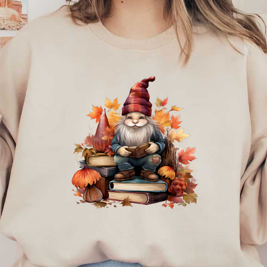 A charming gnome with a striped hat sits on a stack of books surrounded by vibrant autumn leaves and decorations. heat press transfers