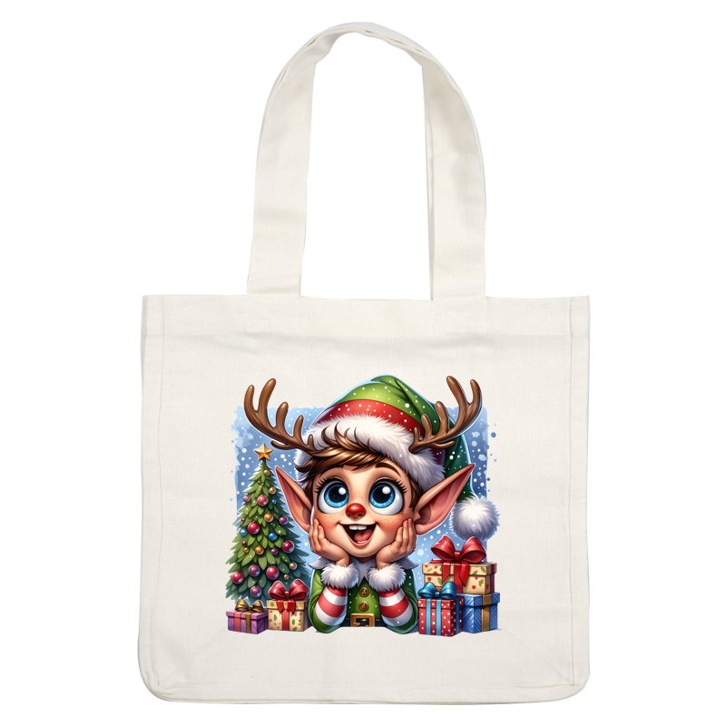 A cheerful elf with antlers, wearing a festive green and red outfit, surrounded by Christmas gifts and a decorated tree.DTF Transfers dtf prints