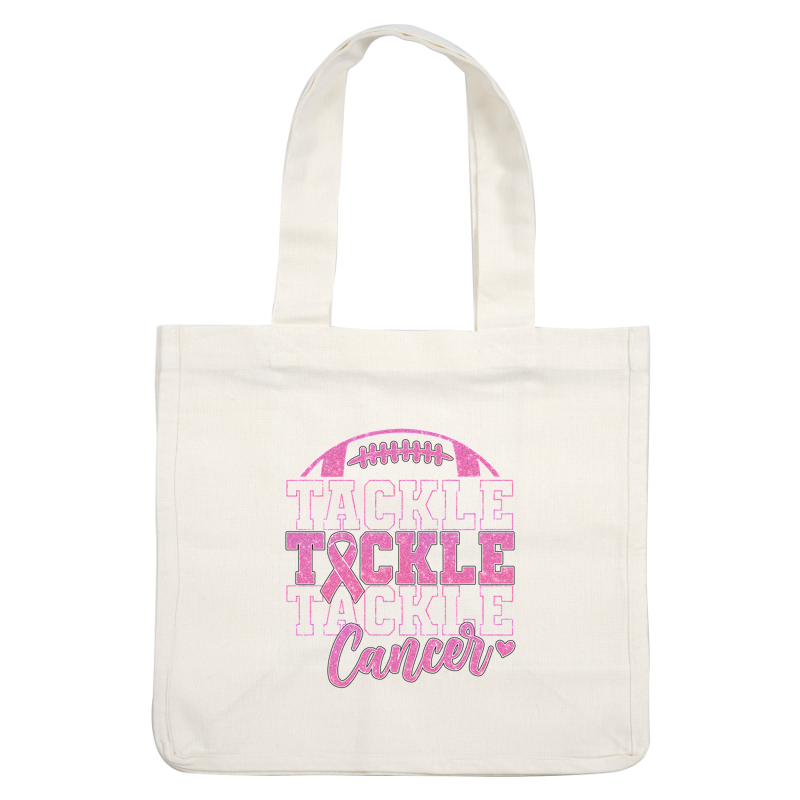 Un gráfico vibrante que presenta la frase "Tackle Cancer", adornado con una cinta rosa y un diseño de fútbol.