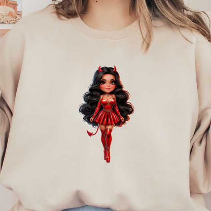 Una elegante muñeca con cabello largo y negro, que viste un llamativo atuendo rojo con una minifalda, tacones altos y cuernos de diablo.