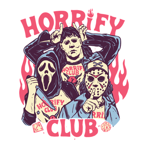 A vibrant graphic featuring iconic horror characters, grouped under the "Horrify Club" banner, with a playful design and flames.dtf regular iron