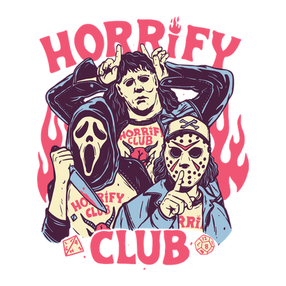 A vibrant graphic featuring iconic horror characters, grouped under the "Horrify Club" banner, with a playful design and flames.dtf regular iron