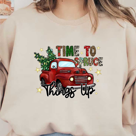 A cheerful red vintage truck carries a festive Christmas tree, surrounded by colorful text and decorative stars, perfect for the holiday season.DTF Transfers heat press transfers heat press transfers