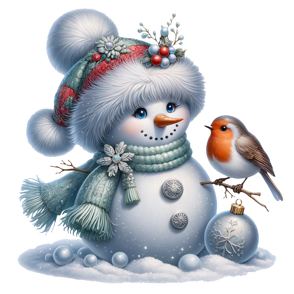 A cheerful snowman adorned with a festive hat and scarf, accompanied by a robin, celebrates winter in a snowy scene.DTF Transfers heat press transfers