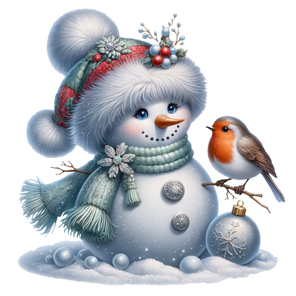 A cheerful snowman adorned with a festive hat and scarf, accompanied by a robin, celebrates winter in a snowy scene.DTF Transfers heat press transfers