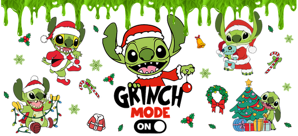 A vibrant and whimsical holiday graphic featuring Stitch in festive attire, celebrating Christmas with decorations and a playful "Grinch Mode" theme.UV Transfers heat press transfers