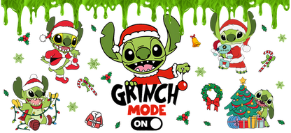 A vibrant and whimsical holiday graphic featuring Stitch in festive attire, celebrating Christmas with decorations and a playful "Grinch Mode" theme.UV Transfers heat press transfers