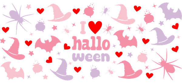 A playful Halloween-themed design featuring colorful witches' hats, hearts, bats, and spiders, proclaiming "I love Halloween."UV Transfersdtf regular iron