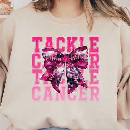 A vibrant pink bow with a football design, promoting the message "Tackle Cancer," highlighting awareness and support. heat press transfers