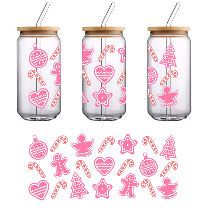 A whimsical collection of pink Christmas-themed icons featuring ornaments, gingerbread figures, stars, hearts, trees, and candy canes.UV Transfersdtf regular iron