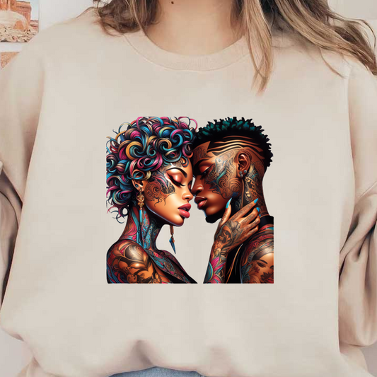 A vibrant depiction of a couple with intricate tattoos, showcasing their love and connection through colorful hairstyles and tender expressions.DTF Transfers dtf transfers