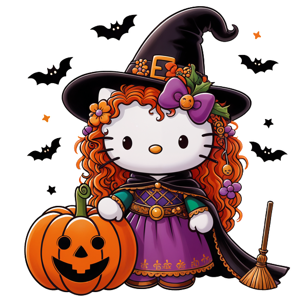 Hello Kitty is dressed as a witch, complete with a black hat, purple gown, and a pumpkin with a spooky face.DTF Transfers heat press transfers