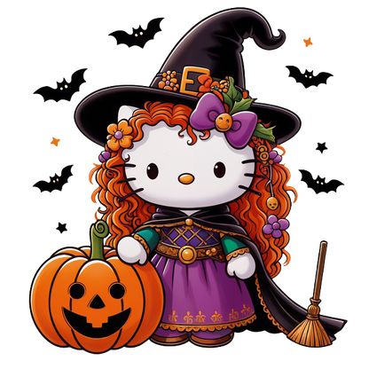 Hello Kitty is dressed as a witch, complete with a black hat, purple gown, and a pumpkin with a spooky face.DTF Transfers heat press transfers