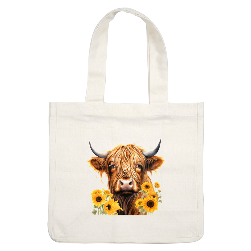 Una encantadora vaca de las Highlands con pelo largo, rodeada de girasoles vibrantes, irradia una atmósfera cálida y alegre.