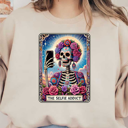 A vibrant, colorful artwork featuring a floral-themed skeleton taking a selfie, highlighted by roses and a celestial background. heat press transfers