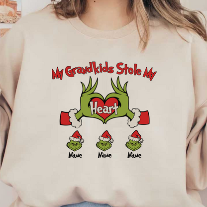 Cheerful design featuring a playful Grinch with the phrase "My Grandkids Stole My Heart" in bold, festive colors.DTF Transfers dtf transfersdtf regular iron