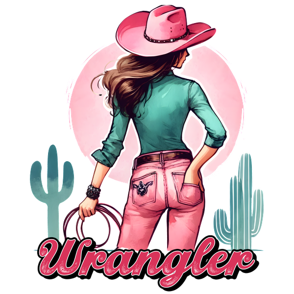 Una vaquera elegante con un sombrero rosa y jeans ajustados, sosteniendo un lazo, encarna el espíritu Wrangler con el desierto como telón de fondo.