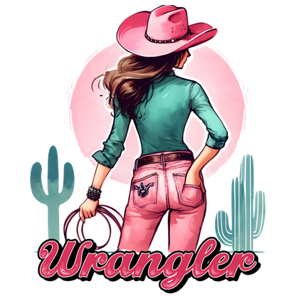 Una vaquera elegante con un sombrero rosa y jeans ajustados, sosteniendo un lazo, encarna el espíritu Wrangler con el desierto como telón de fondo.