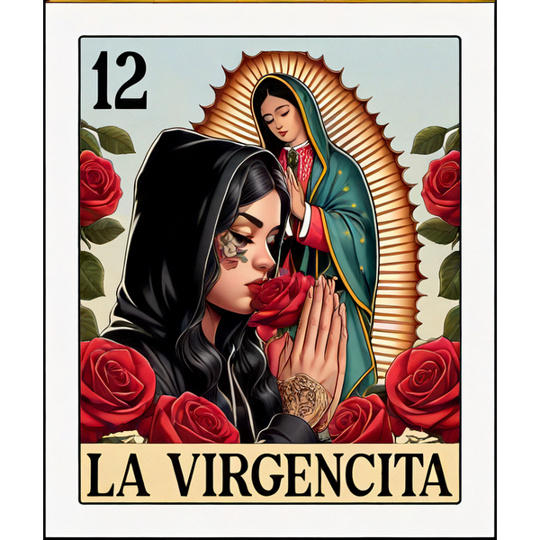 Una ilustración vibrante que presenta a una mujer con una sudadera con capucha negra, rosas y la Virgen de Guadalupe, con la etiqueta "La Virgencita".